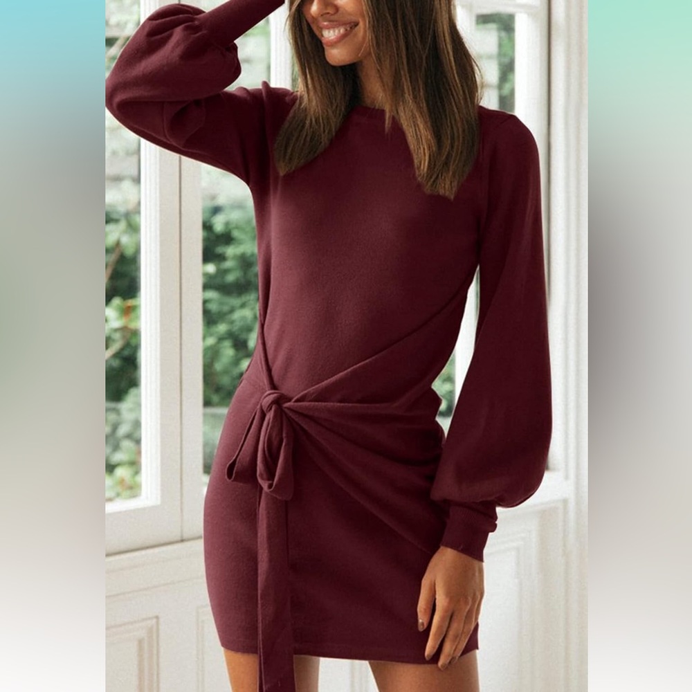 ZCSIA Women's Knitted Sweater Dress, Small (S), Burgundy/Maroon/Red